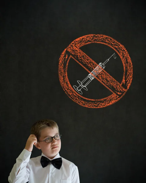 Scratching head thinking boy business man with no drugs needle sign — Stock Photo, Image