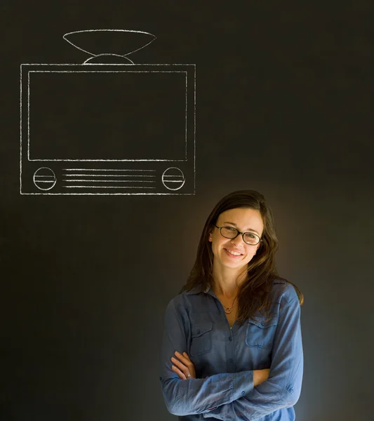 Imprenditrice, insegnante o studente gesso tv lavagna sfondo — Foto Stock