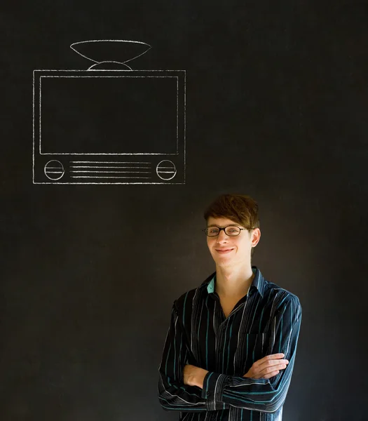 Zakenman, leraar of student krijt tv schoolbord achtergrond — Stockfoto