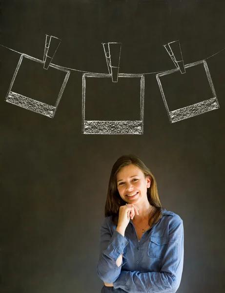 Businesswoman, teacher or student with chalk polaroid style photos blackboard background — Stock Photo, Image