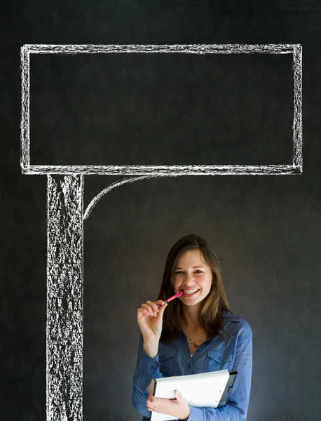 Businesswoman, teacher or student with chalk road advertising sign — Stock Photo, Image