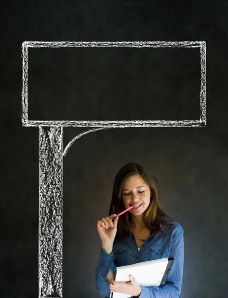 Businesswoman, teacher or student with chalk road advertising sign — Stock Photo, Image