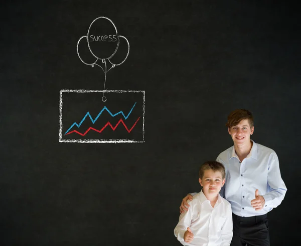 Thumbs up boy business man and teacher with chalk success graph and balloon — Stock Photo, Image