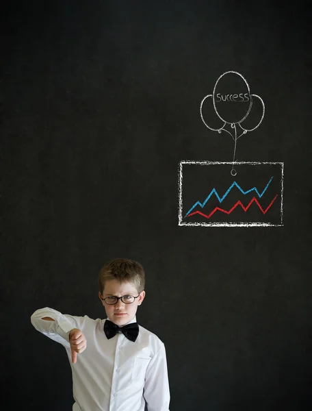 Αντίχειρες κάτω αγόρι άνθρωπος των επιχειρήσεων με κιμωλία επιτυχία γράφημα και μπαλόνι — Φωτογραφία Αρχείου
