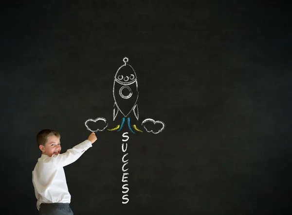 Writing boy business man with chalk success rocket — Stock Photo, Image