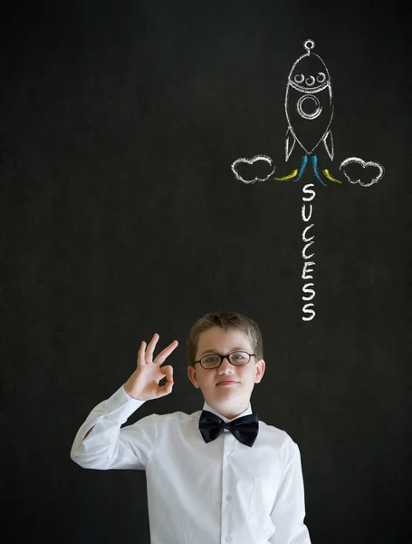 All ok boy business man with chalk success rocket — Stock Photo, Image