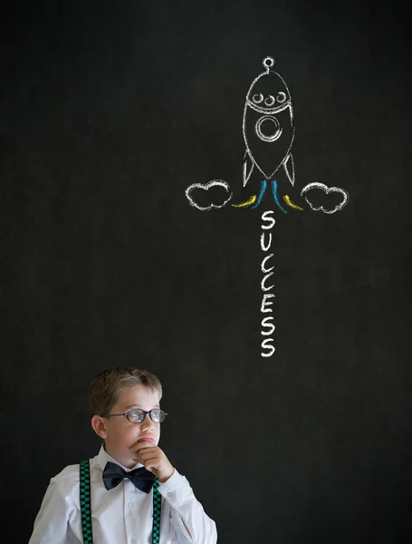 Thinking boy business man with chalk success rocket — Stock Photo, Image