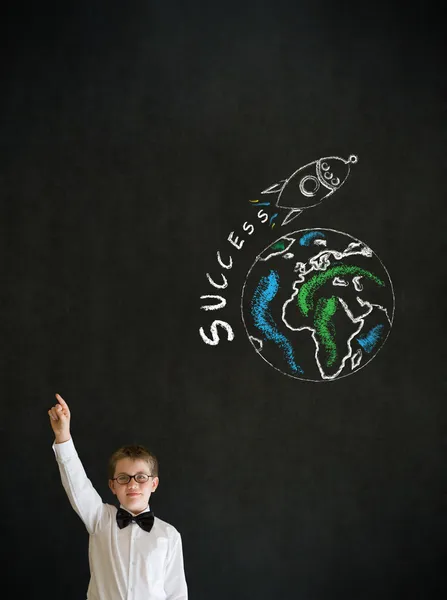 Hand up answer boy business man with chalk globe and jet world travel — Stock Photo, Image
