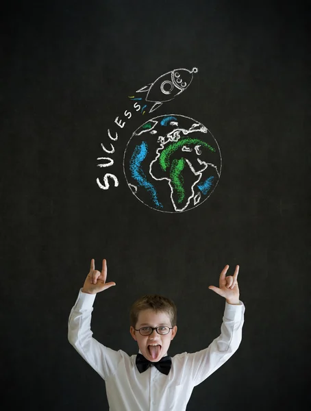 Knowledge rocks boy business man with chalk globe and jet world travel — Stock Photo, Image