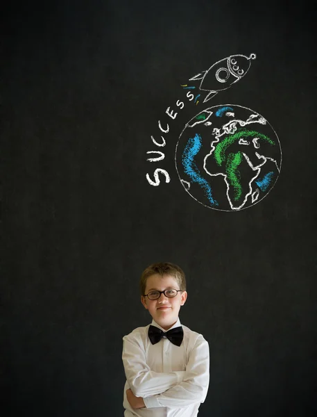 Tänkande pojke affärsman med krita jordglob och jet världen resa — Stockfoto