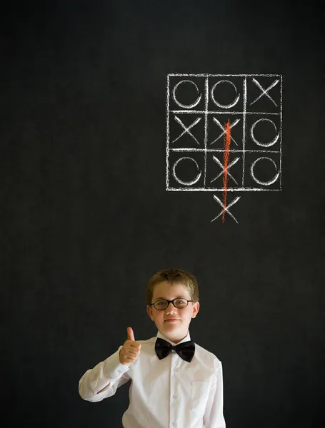 Thumbs up boy business man with thinking out of the box tic tac toe concept — Stock Photo, Image