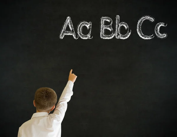 Hand up answer boy business man with learn English language alphabet — Stock Photo, Image