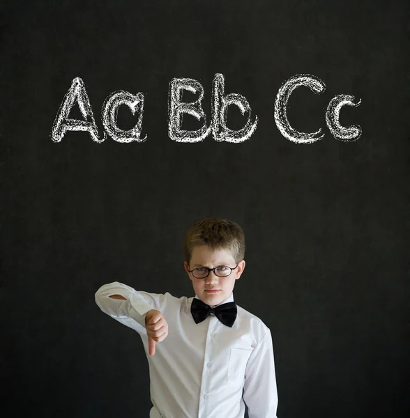 Thumbs down boy business man with learn English language alphabet — Stock Photo, Image