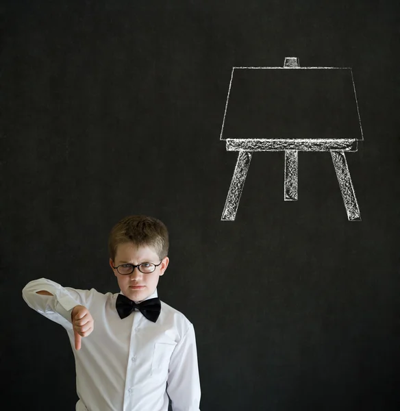 Thumbs down boy business man with learn art chalk easel — Stock Photo, Image