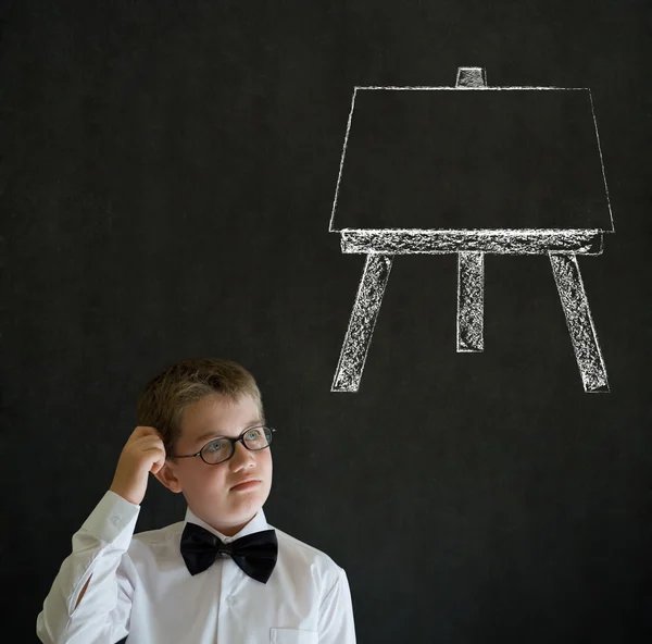 Scratching head thinking boy business man with learn art chalk easel — Stock Photo, Image
