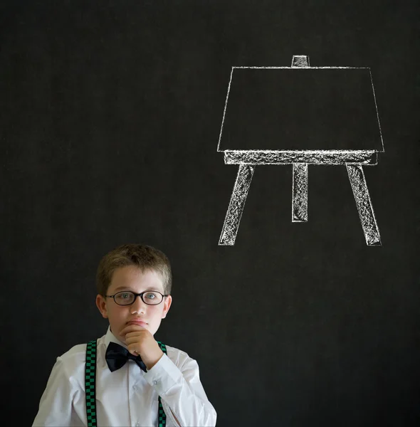 Thinking boy business man with learn art chalk easel — Stock Photo, Image