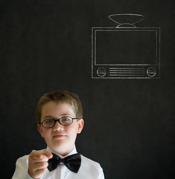 Education needs you thinking boy business man with chalk tv television — Stock Photo, Image