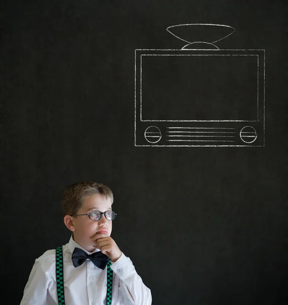 Pensando ragazzo uomo d'affari con gesso tv televisione — Foto Stock