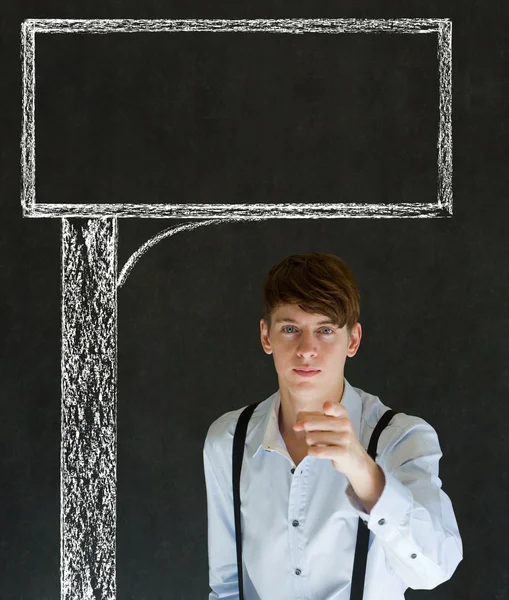 Businessman, teacher or student with chalk road advertising sign — Stock Photo, Image