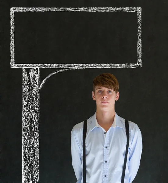 Businessman, teacher or student with chalk road advertising sign — Stock Photo, Image