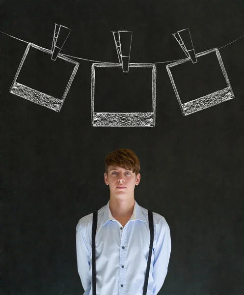 Geschäftsmann, Lehrer oder Schüler mit Kreide-Sofortfotos — Stockfoto