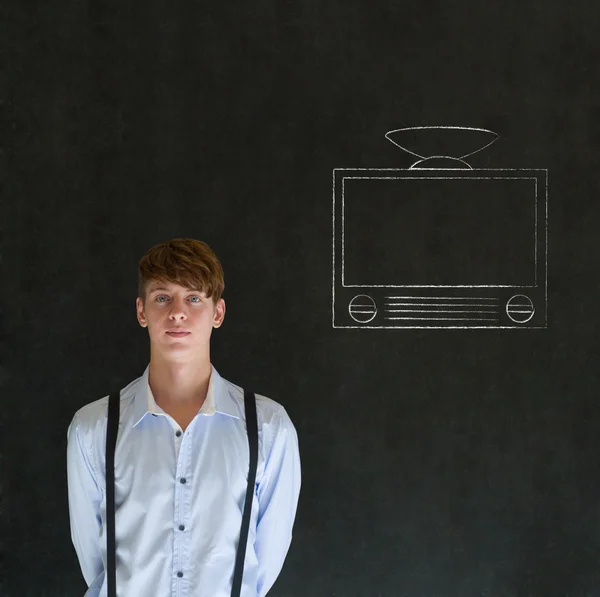 Businessman, teacher or student chalk tv blackboard background — Stock Photo, Image