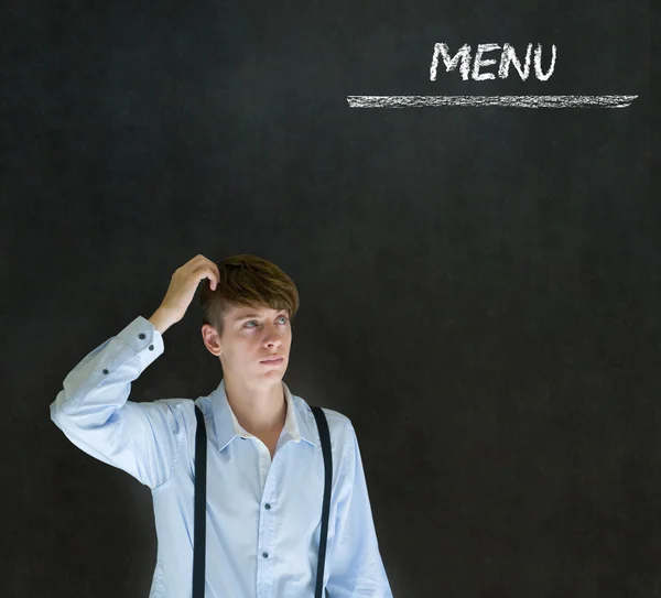 Empresário, dono de restaurante ou chef com menu de giz — Fotografia de Stock