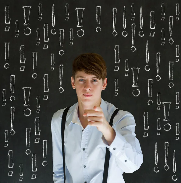 Thinking business man with chalk exclamation marks — Stock Photo, Image