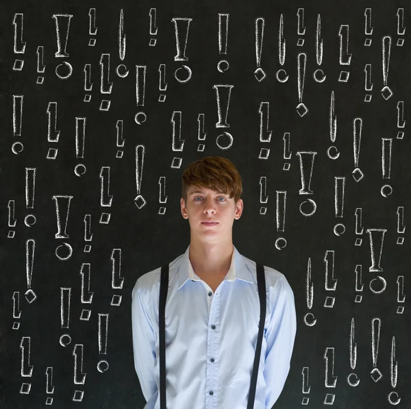 Thinking business man with chalk exclamation marks — Stock Photo, Image