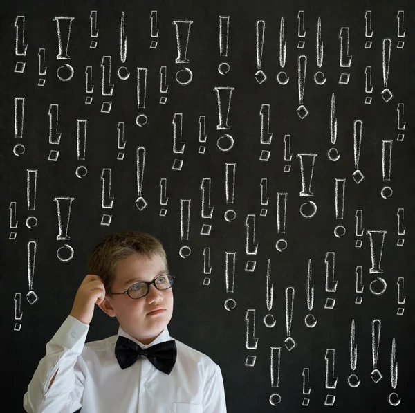 Scratching head thinking boy business man with chalk exclamation marks — Stock Photo, Image