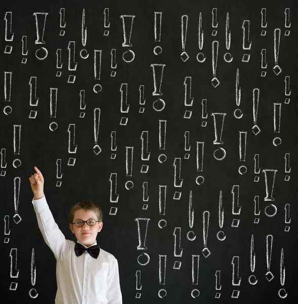 Hand up answer boy business man with chalk exclamation marks — Stock Photo, Image