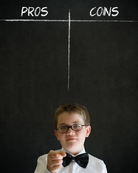 Education needs you thinking boy business man with pros and cons list — Stock Photo, Image