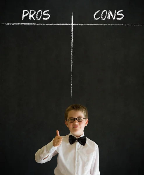 Thumbs up boy business man with pros and cons list — Stock Photo, Image