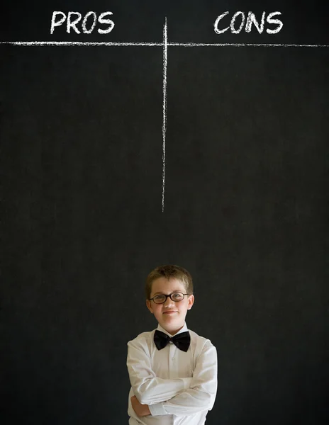 Thinking boy business man with pros and cons list — Stock Photo, Image