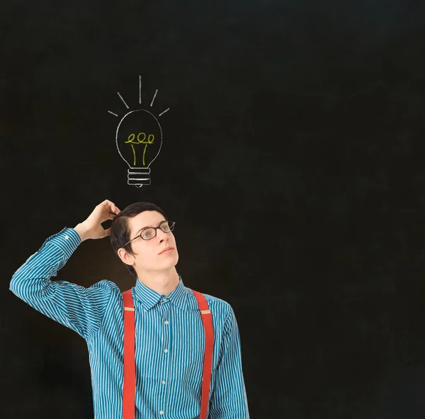 Nerd geek businessman student teacher chalk lightbulb — Stock Photo, Image
