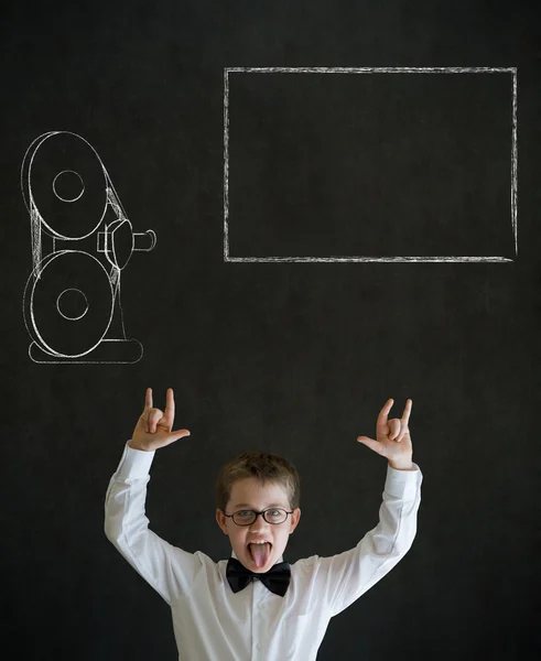Knowledge rocks boy business man with retro chalk film projector — Stock Photo, Image