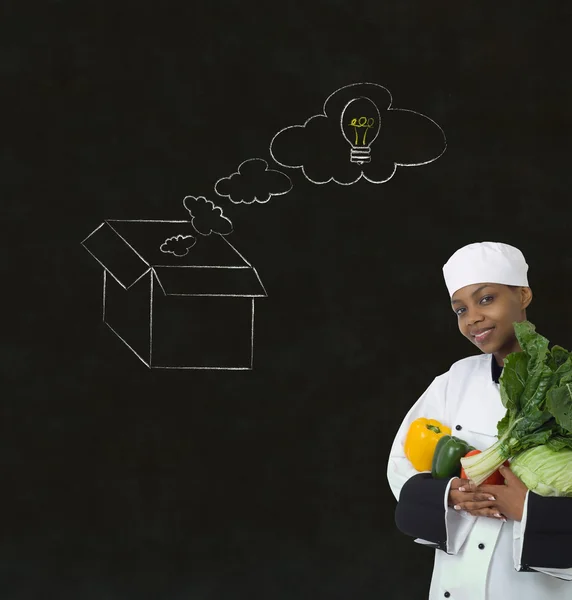 Африканская женщина шеф-повар думает коробка мелом концепции школьной доски фон — стоковое фото