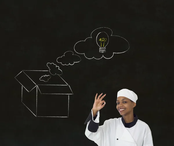 African woman chef thinking out the box chalk concept blackboard background — Stock Photo, Image
