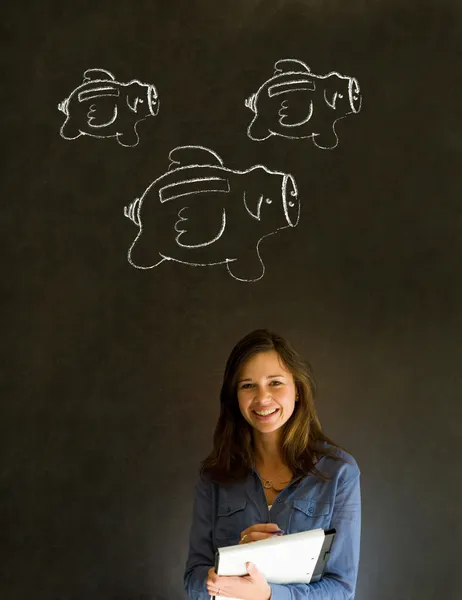 Businesswoman, student or teacher with chalk piggy banks concept — Stock Photo, Image