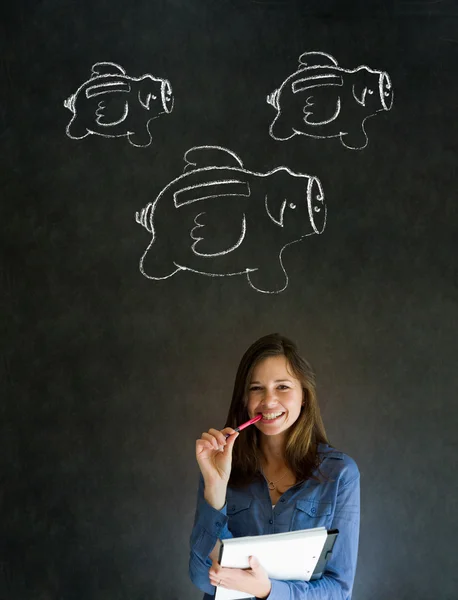 Mujer de negocios, estudiante o profesora con concepto de hucha de tiza — Foto de Stock