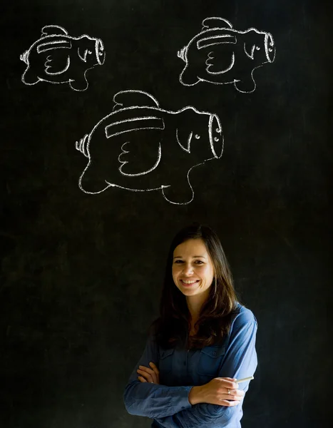 Affärskvinna, student eller lärare med krita sparbössor koncept — Stockfoto