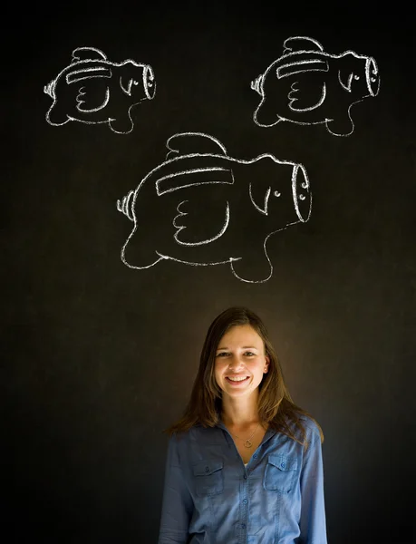 Mujer de negocios, estudiante o profesora con concepto de hucha de tiza — Foto de Stock