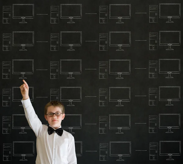 Hand up boy with chalk networks on blackboard background — Stock Photo, Image