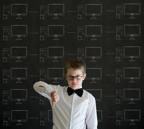 Thumbs down boy with chalk networks on blackboard background — Stock Photo, Image