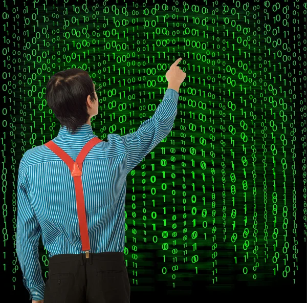 Nerd geek uomo d'affari studente insegnante con binario su sfondo — Foto Stock