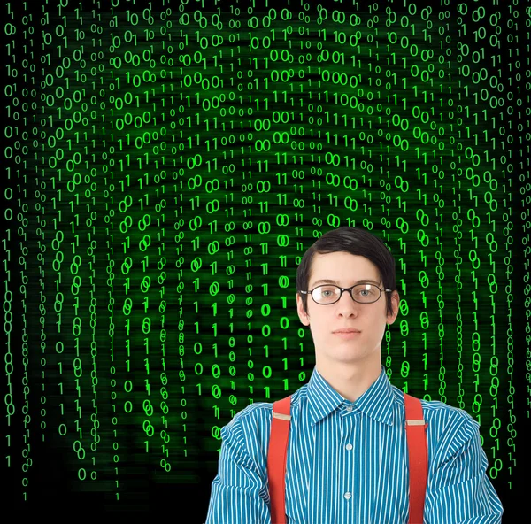 Nerd geek uomo d'affari studente insegnante con binario su sfondo — Foto Stock