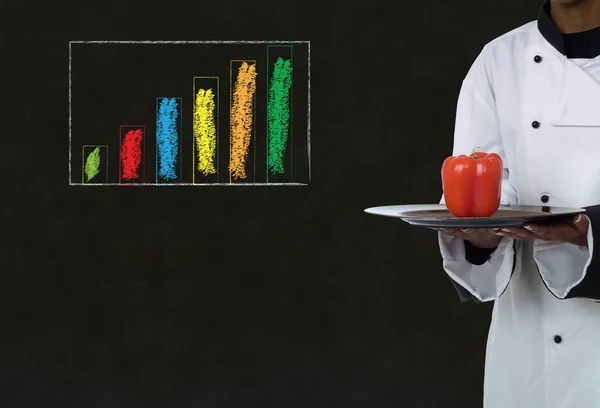 African woman chef with chalk bar graph on blackboard background — Stock Photo, Image