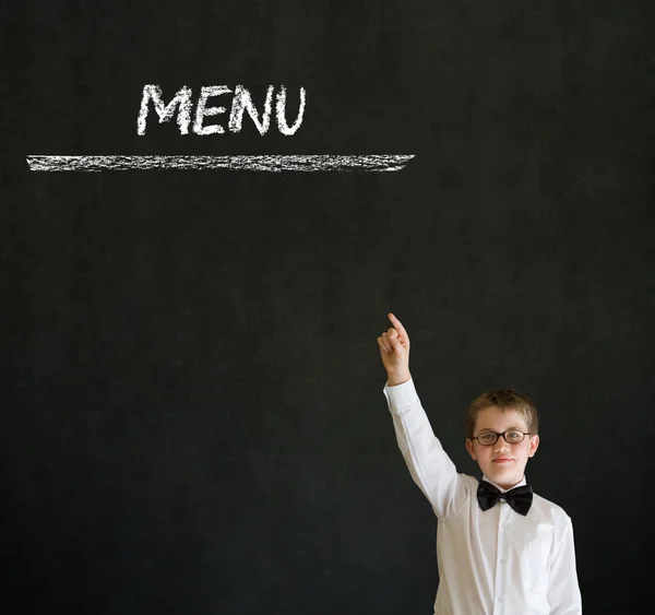 Pensando menino homem de negócios com giz menu bachground — Fotografia de Stock