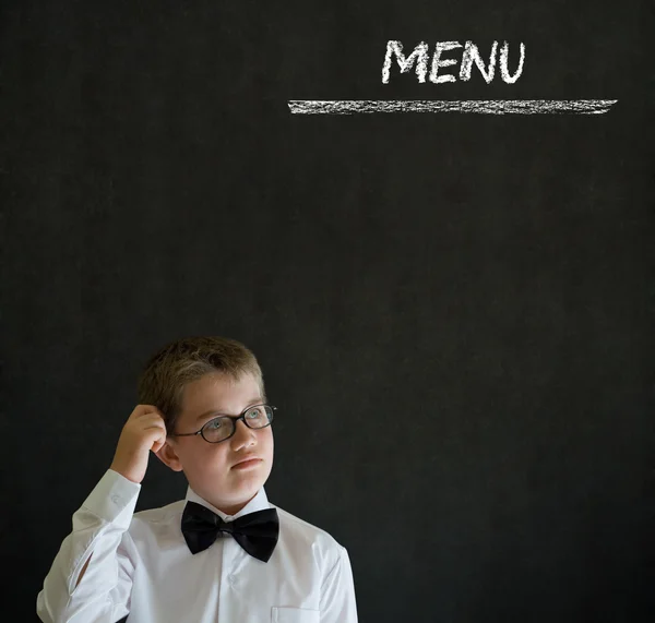 Myślenie biznesmen chłopiec z kreda menu bachground — Zdjęcie stockowe