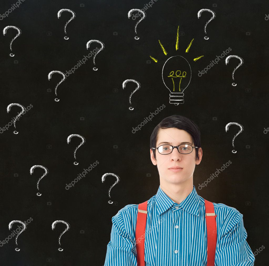 Nerd geek businessman student teacher chalk exclamation marks Nerd geek